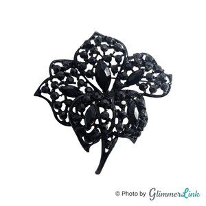 Vintage Mourning Black Lily Floral Black Rhinestone Enameled Filigree Brooch